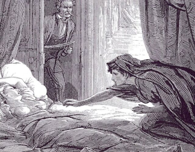 Illustration of the female vampire "Carmilla" hovering over a woman lying in bed.