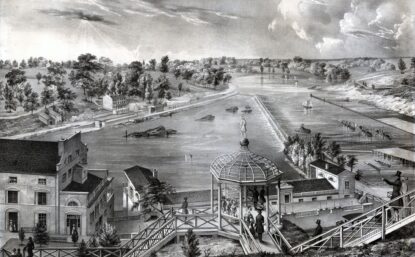 Lithograph of a view of the Fairmount Water Works with the Schuylkill River in the distance, 1838.